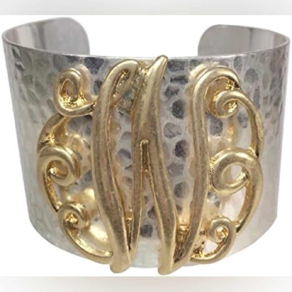 Gypsy Jewels Wide 2 Tone Hammered Boutique Look Monogram Initial Cuff Bracelet - Picture 10 of 10